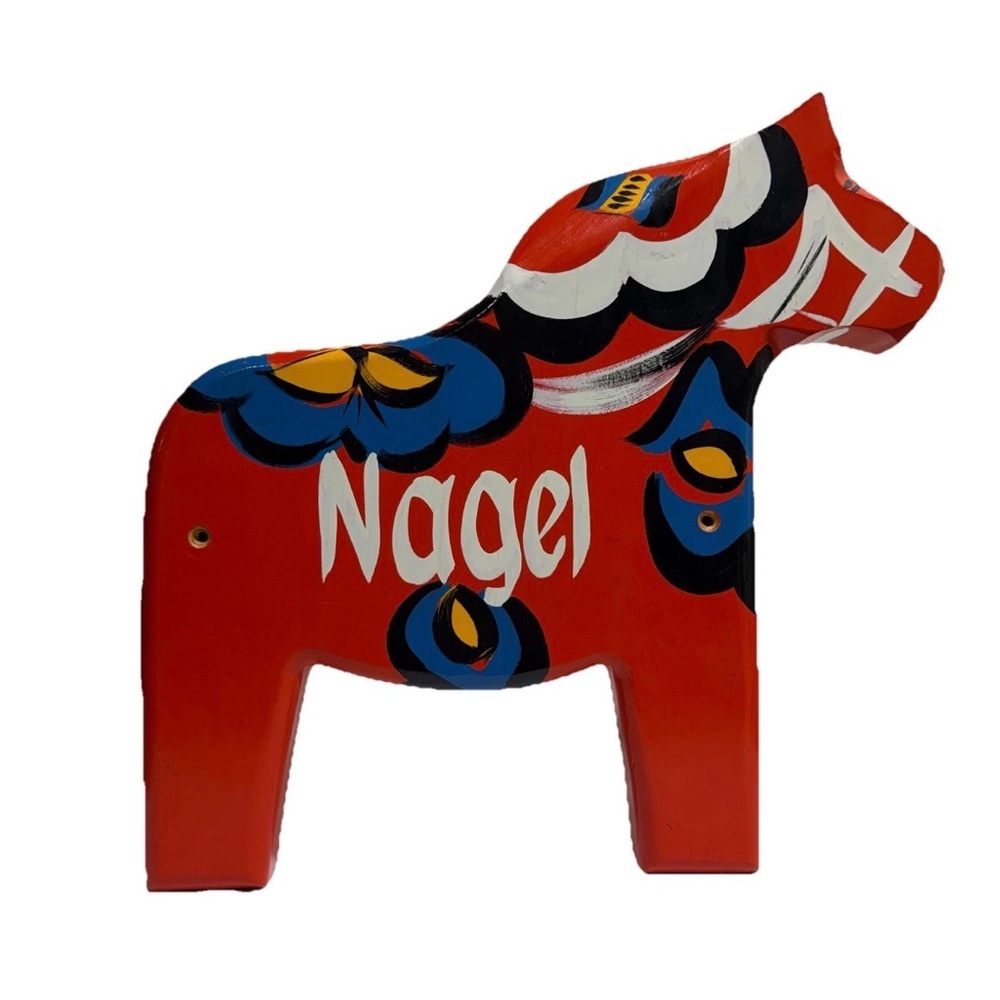 14” Hand Painted Swedish Wooden Dala Horse Nagel Last Name Red